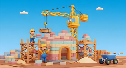 Adorable Cartoon Builders Constructing a House with Pastel Building Blocks and Crane
