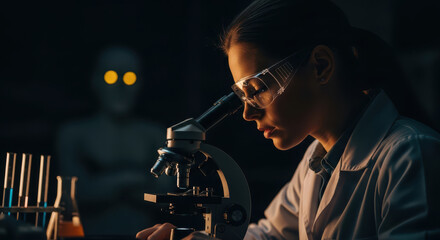 The Unseen Observer: Focused Female Scientist Working Late in Dark Laboratory with Mysterious Figure in Background