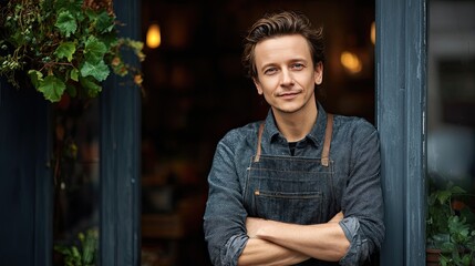 Confident Entrepreneur: A portrait of a charismatic entrepreneur, standing proudly at the entrance of his establishment, embodying the spirit of business ownership and hospitality.