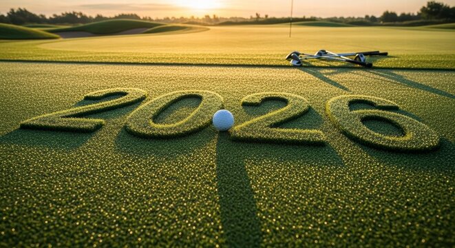 Golf Course Green and Ball with Year 2026: An eye-level perspective showcases a pristine golf course with the year 2026 artfully crafted from lush green grass, a golf ball resting. - Powered by Adobe
