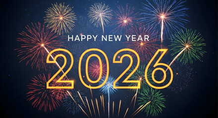 Happy New Year 2026 Celebration with Colorful Fireworks and Sparkling Night Sky Background