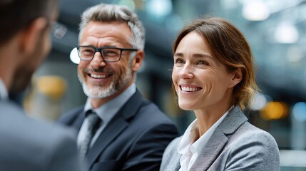 Collaboration: A team of professionals engages in a productive meeting, exchanging ideas, smiling and in a modern office environment. 