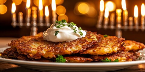 Celebrating hanukkah with crispy potato latkes and sour cream topping