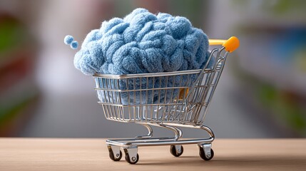 Shopping cart filled with fluffy blue yarn, showcasing creativity and crafting potential, set against a blurred background of a retail environment, emphasizing artistic expression and DIY projects