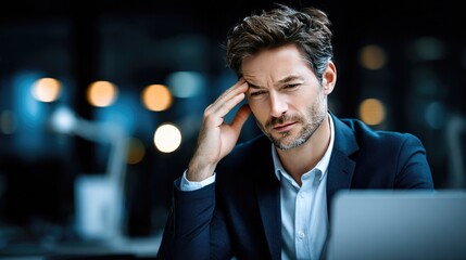 Tiredness and Business Pressure: A man in a suit looks stressed, indicating pressure from business, holding his head and working on a laptop