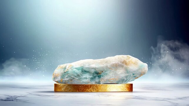 A rough, textured stone with veins of blue and white sits on a polished golden rectangular pedestal, set against a misty, gradient blue background with floating - Powered by Adobe