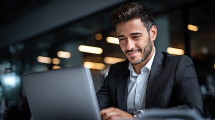 Focused Professional at Work: A sharply dressed professional works on a laptop, his eyes fixed with a smile, showcasing a blend of business elegance, dedication, and technological efficiency.