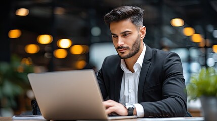 Focused Business Insight: A sharp business professional intensely engages with a laptop, reflecting concentration and dedication in a modern setting.