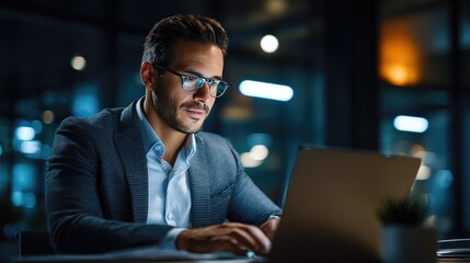 Focused Night Work: A determined businessman, immersed in his work, sits in front of his laptop at night with soft lighting and an air of concentration, embodying dedication.