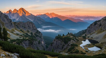 Mountain Vista at Sunset: A breathtaking vista of towering mountain peaks, bathed in the warm hues of the setting sun, with serene lakes and vibrant greenery below.