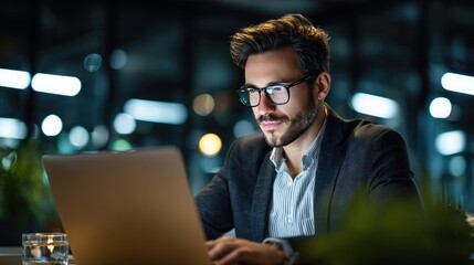 Focused Professional at Work: A sharp-dressed man, engrossed in his laptop, works with intense focus, showcasing a blend of professionalism and concentration.