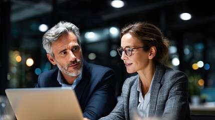 Collaboration in the Workplace: Two focused business professionals intently review data on a laptop, their faces illuminated by the screen's glow.