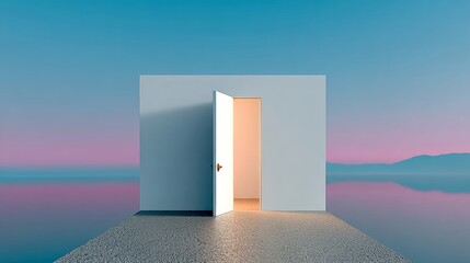 Open door leading to a serene landscape with calm waters and a colorful sky, symbolizing new beginnings and opportunities in a dreamlike environment