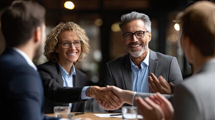 Deal Sealed: Two professionals seal a deal with a firm handshake, surrounded by a team witnessing the moment of collaboration and trust. This image captures the essence of a successful partnership
