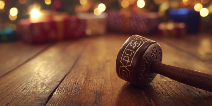 Grogger lying on wooden table with christmas presents and lights in background symbolizing hanukkah celebration
