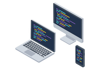 Responsive web development displayed on laptop, desktop monitor, and smartphone screens