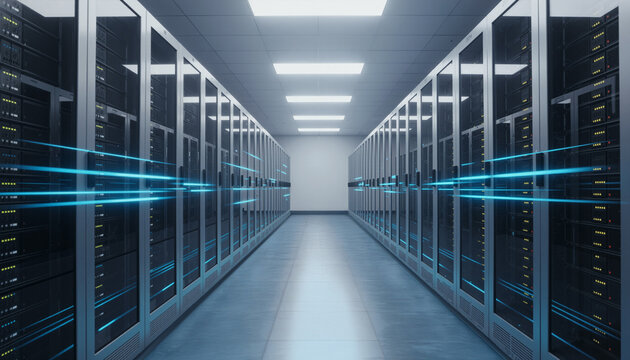 Modern Data Center Server Room with Advanced Technology featuring illuminated racks powerful IT infrastructure cloud computing systems cybersecurity environment and high performance digital network so