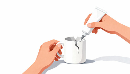 Hands applying glue to repair cracked white mug on plain background  