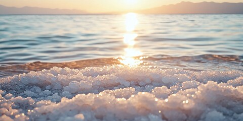 Salt crystals forming on the shore of the dead sea at sunset in israel