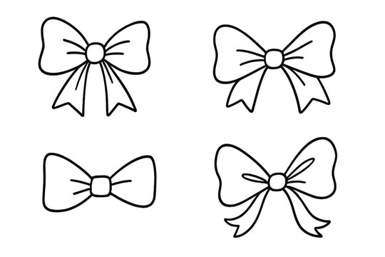Four hand-drawn outline bows and ribbons in doodle style for decoration and gifts