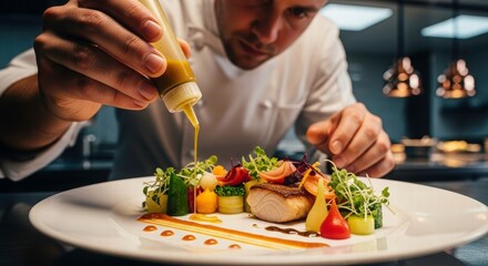 Culinary artistry in the making: An expert chef masterfully garnishes a meticulously arranged dish, a symphony of flavors and visual appeal on the pristine plate.