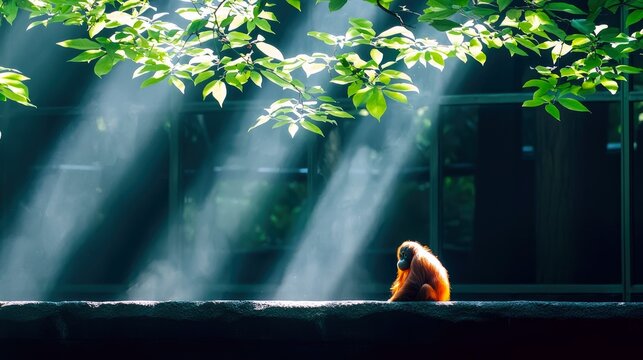 An orangutan sits alone on a stone ledge, illuminated by dramatic sunbeams that cut through the air from overhead green foliage.
