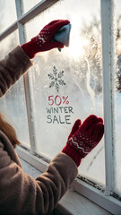 Red mittens wiping frosted window revealing 50 percent winter sale sign full hd 4k stock image download