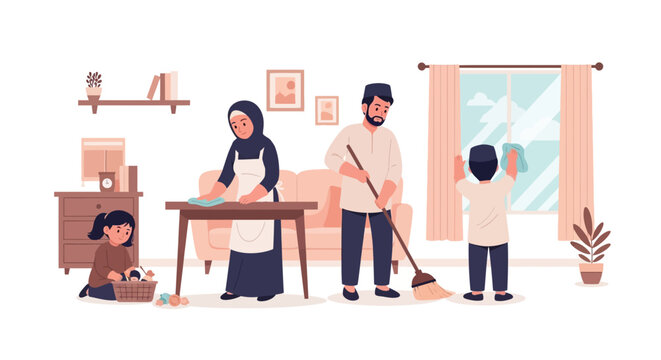 Family cleaning session including adults and children engaging in household