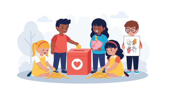 Children Engaging in Charitable Activity with a Donation Box and Coins in a