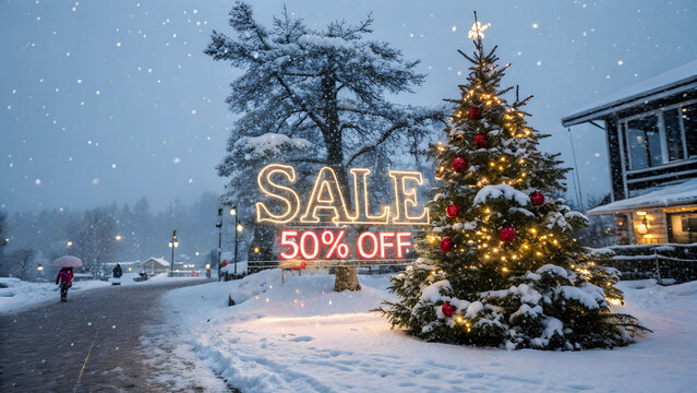 Snowy Christmas tree with sale 50 off neon lights and winter scene full hd 4k stock image download