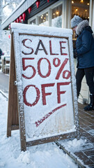 Wooden signboard with red sale 50 percent off text covered in snow full hd 4k stock image download winter
