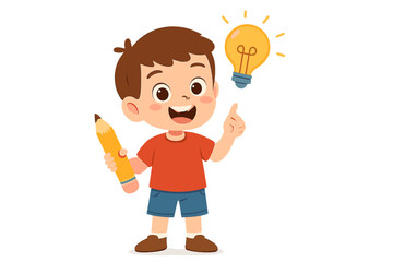 Young boy holding a giant pencil with a bright idea lightbulb glowing above his head