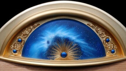 An ornate golden frame surrounds a painted depiction of a blue nebula with stars and a radiant sunburst.