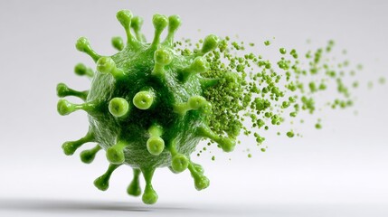 Green virus illustration with detailed structure, showcasing spikes and particles dispersing, representing microscopic life and its impact on health and environment in a scientific context