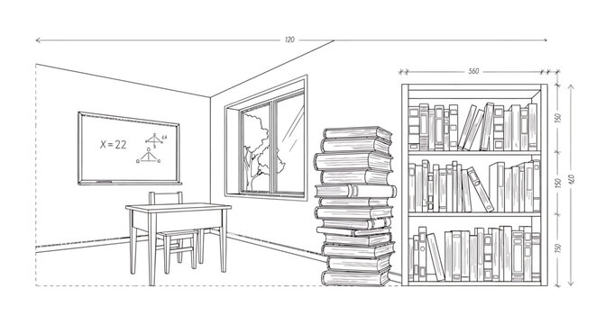 Line art drawing of a tall stack of books and a bookshelf.