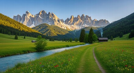Pathway to Serenity: A scenic landscape showcases a tranquil path leading towards a charming cabin nestled amidst towering mountains and lush greenery, inviting a sense of peace and natural wonder.