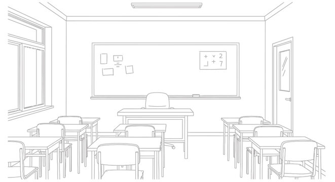 Monochrome line art illustration of an empty school classroom interior.