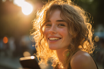 Young woman smiling with sunlit curly hair using smartphone at golden hour outdoors — candid joyful lifestyle portrait