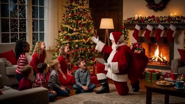 Santa Claus Reading from Scroll to Group of Children by Christmas Tree | Festive Holiday Scene for Christmas Marketing, Family Celebrations, and Children's Events
