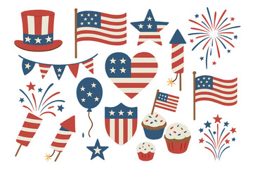 Patriotic American symbols and celebration elements for Independence Day holiday