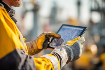 Construction worker in high-visibility jacket using a tablet on site &mdash; digital inspection, equipment monitoring and industrial safety workflow