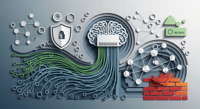 Cybersecurity Brain: An intellectual illustration of cyber security protection features a digital brain at the core of a protective structure.