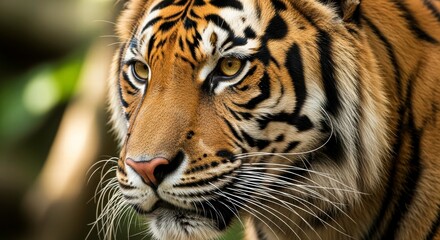 Fototapeta premium Magnificent Tiger Portrait: A close-up view of a regal tiger, its striking orange and black stripes and intense gaze evoke a sense of power and wilderness. 