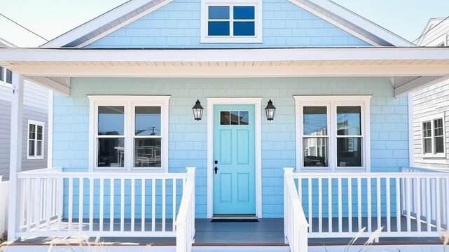 Bright Blue Seaside House With White Porch Railing
