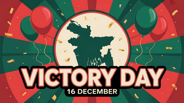 Bangladesh victory day vector poster with map silhouette red and green balloons confetti circular badge bold victor day lettering for 16 december national celebration and patriotic tribute