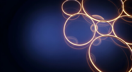 Abstract Golden Glowing Circles on Dark Blue Background with Copy Space