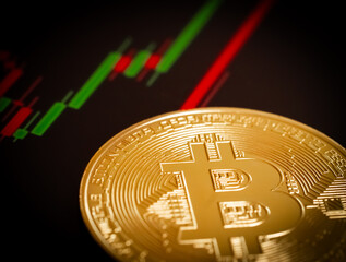 Nahaufnahme einer Bitcoin M&uuml;nze vor dem Chart des Bitcoin