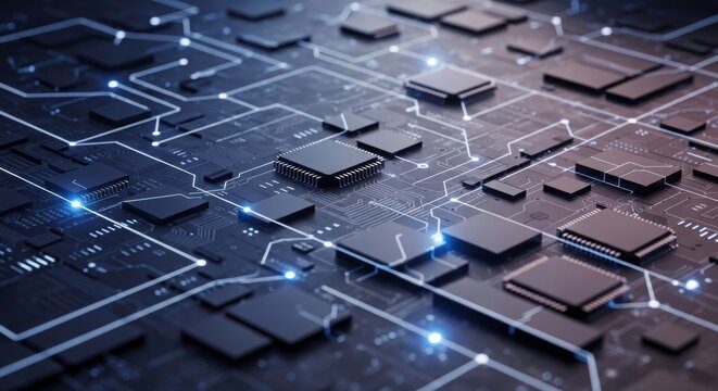 Digital Circuitry: An intricate network of electronic components forms a complex, glowing circuit board, the backbone of modern technology.
