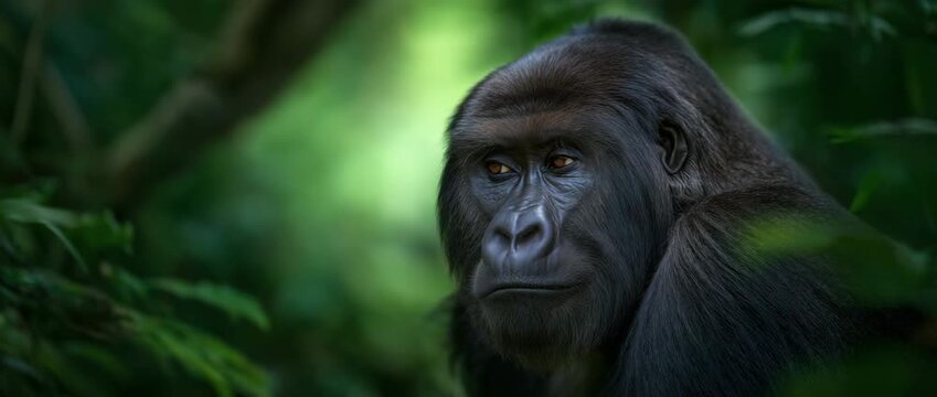  Majestic Silverback Gorilla A striking silverback gorilla with intense gaze, blending harmoniously within the verdant embrace of the forest's lush environment.