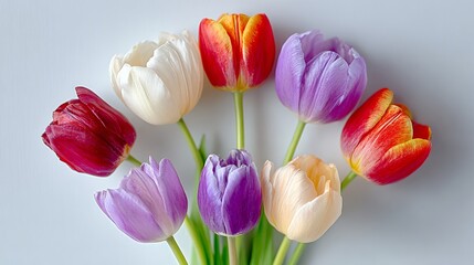 Fototapeta premium Colorful bouquet of tulips in various shades, arranged beautifully on a light background, showcasing the vibrant petals and natural beauty of spring flowers in a delightful composition